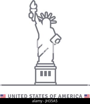 Vereinigte Staaten von Amerika-Linie-Symbol. Statue of Liberty und US-Flagge-Vektor-Illustration. Stock Vektor