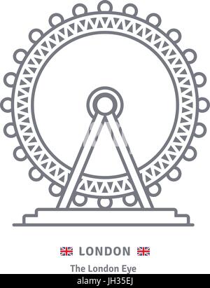 London-Linie-Symbol. London Eye und Großbritannien Flagge Vektor-Illustration. Stock Vektor