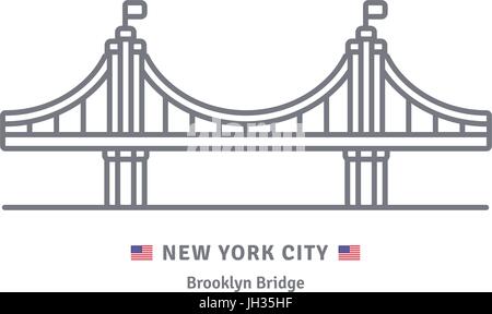 New York City-Line-Symbol. Brooklyn Bridge und USA Flagge Vektor-Illustration. Stock Vektor