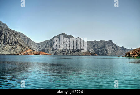 Bootsfahrt auf Khor Asche Sham, Musandam, Oman Stockfoto