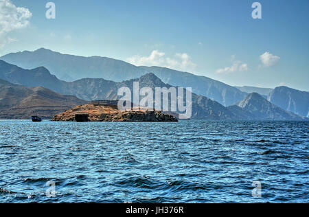 Bootsfahrt auf Khor Asche Sham, Musandam, Oman Stockfoto