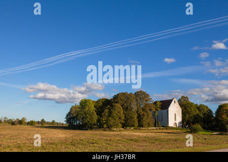 Alte Kirche auf der idyllischen grünen Wiese mit Bäumen. Insel Saaremaa, Estland. Stockfoto