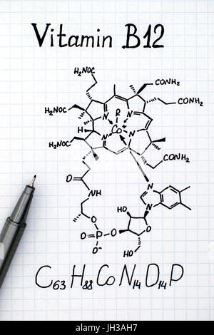 Chemische Formel von Vitamin B12 mit schwarzem Stift. Stockfoto