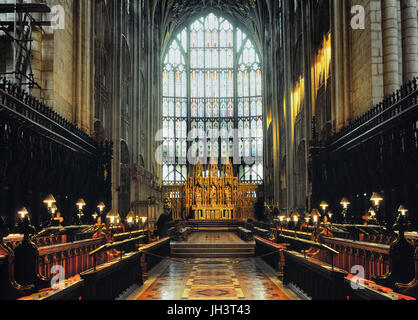 Chorgestühl an der Kathedrale von Gloucester, Gloucestershire, England, UK Stockfoto