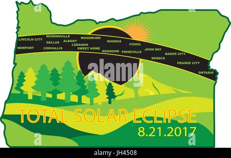 2017 total Solar Eclipse Pfad in Oregon State Städten zuordnen Farbe Abbildung Stock Vektor