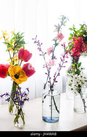 Verschiedene schöne Blumen in Gläser mit Wasser auf dem Tisch neben dem Fenster Stockfoto