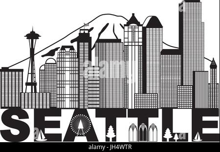 Skyline von Seattle Washington Downtown und Text in schwarz auf weißem Hintergrund Illustration isoliert Stock Vektor