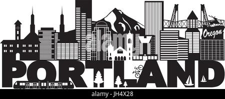 Portland Oregon Umriss Silhouette mit Stadtpanorama Skyline von Downtown und Text schwarz isoliert auf weißem Hintergrund Illustration Stock Vektor
