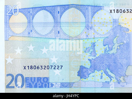 20 Euro Banknote Makro Fragment, Rückseite. Stockfoto