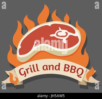 Grill und Barbecue Cartoon Stil Logo mit frischen Leberkäse vor dem Feuer Flammen Hintergrund und der Text-Multifunktionsleiste Stock Vektor