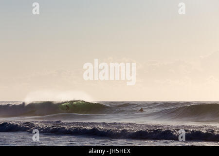 Zwei Surfer genießen Sie perfekte, Rückseite beleuchteten Wellen am leuchtenden Sommermorgen in Australien. Stockfoto