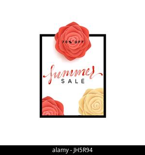 Sommer Sale Banner. Schöne Rosen im Stil der Kunst Illustration Papier Blumen Stock Vektor