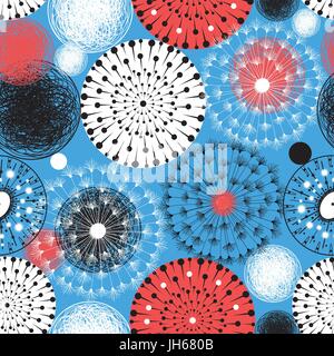 Helle Grafik Musterdesign von Löwenzahn und Kreise auf blauem Hintergrund Stock Vektor