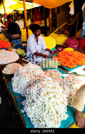 Blumen zum Verkauf an Devaraja Markt, Mysore, Karnataka, Indien Stockfoto