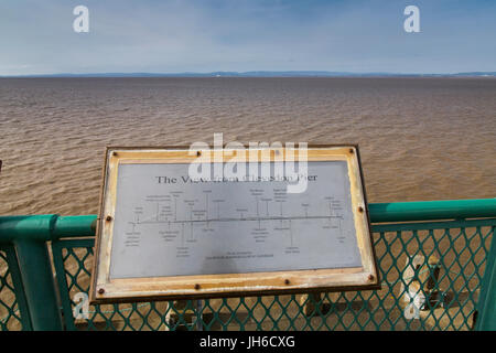 Info-Tafeln über die Aussicht von der restaurierten viktorianischen Pier am Clevedon auf der Bristol Channel, North Somerset, England, UK Stockfoto