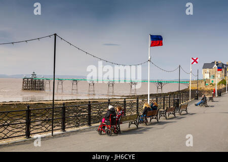 Eine Dame im Rollstuhl blickt auf den restaurierten viktorianischen Pier in Clevedon auf der Bristol Channel, North Somerset, England, UK Stockfoto