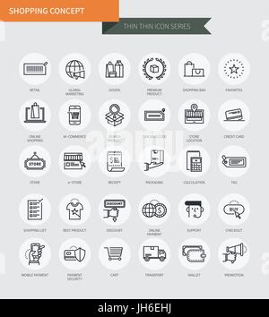 Dünne dünne Linie Icons set shopping, modernen schlichten Stil Stock Vektor