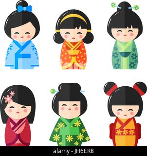Japanische Kokeshi Dolls Icons. Kawaii asiatische Mädchen tragen Kimono auf dem weißen Hintergrund isoliert. Flache Vektor-illustration Stock Vektor