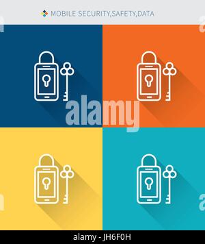 Dünne dünne Linie Icons Set von mobile Sicherheit & Daten, modernen schlichten Stil Stock Vektor