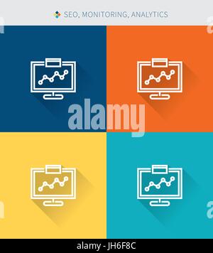 Dünne dünne Linie Symbole Seo & Überwachung und Analyse, modernen schlichten Stil Stock Vektor