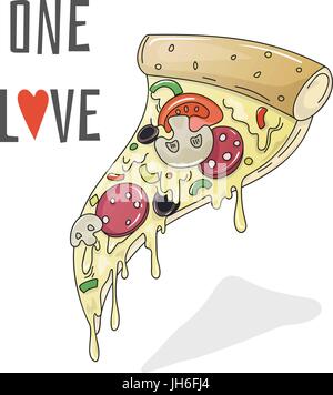 Cartoon Stück handgezeichneten Pizza mit Salami, Champignons und tropfende Käse und Inschrift One Love. Farbe Vektor-Illustration isoliert. Stock Vektor