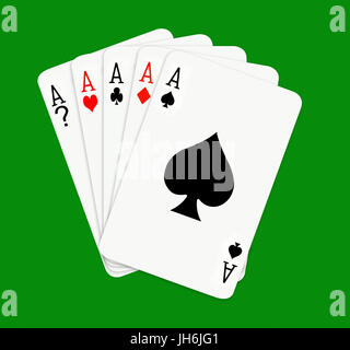Konzept-Bild einer Hand von Karten mit 5 Asse; Pik, Karo, Clubs, Herz, und? Stockfoto