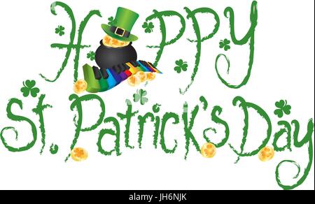 Glücklich St. Patricks Day mit Topf voll Gold Regenbogen Tastatur Shamrock Gold Münzen Grunge Tinte Bürste Text Illustration Stock Vektor