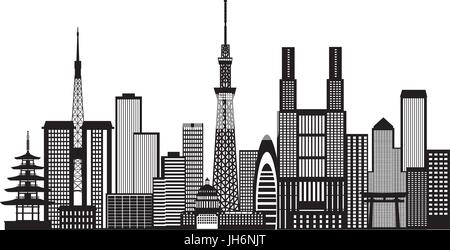 Tokio Japan Stadt Skyline Panorama schwarz-weiß Silhouette Umriss Illustration Stock Vektor