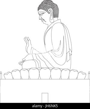 Große asiatische Buddha sitzt auf Lotus Pad Statue schwarz-weiß Strichzeichnungen Illustration Stock Vektor