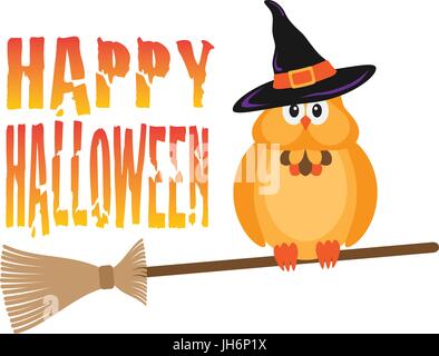 Halloween Eule mit Hexen Hut sitzt auf Besen mit Happy Halloween Text isoliert auf weißen Hintergrund Illustration Stock Vektor