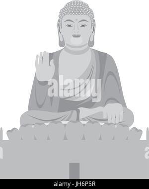 Große asiatische Buddha sitzt auf Lotus Pad Statue vordere Verkleidung Graustufen Illustration Stock Vektor