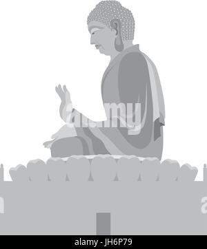 Große asiatische Buddha sitzt auf Lotus Pad Statue Graustufen Illustration Stock Vektor