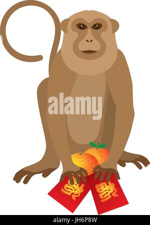 Chinesisches Neujahrsfest 2016 Affe rot-Pakete mit Glück chinesische Text und Mandarinen Illustration Stock Vektor