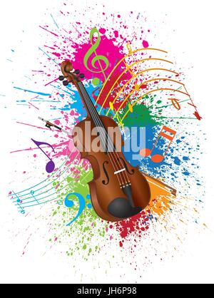 Geige mit Bogen und Splatter abstrakte Malfarbe isoliert auf weißem Hintergrund Illustration Stock Vektor