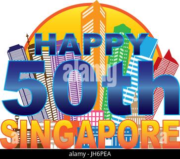 Singapur 2015 glücklich 50. National Day City Skyline Silhouette Umriss im Kreisfarbe auf weißem Hintergrund Illustration isoliert Stock Vektor