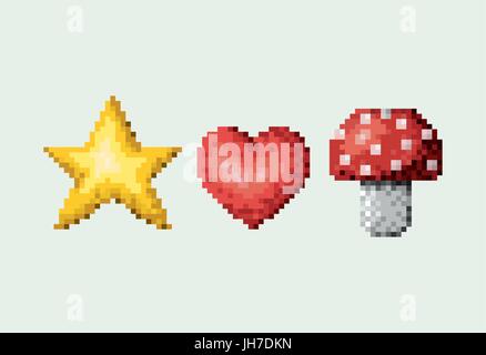pixelig Farbpalette der Sterne und Herzen mit Pilz Stock Vektor