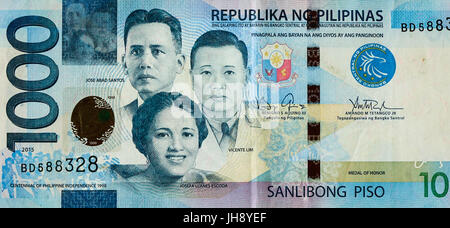 Nahaufnahme der Philippinen Banknoten (1000 philippinische Peso - Piso - PHP). Geld Banknoten für Design - hautnah. Stockfoto