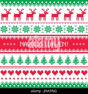 Nadolig Llawen - Frohe Weihnachten im walisischen Grußkarte, nahtlose Muster Stock Vektor