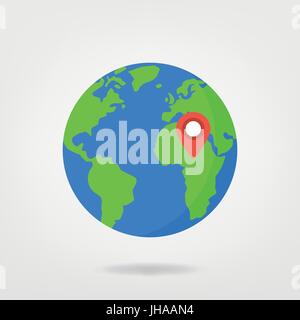 Afrika - Standort Pin auf Welt-Illustration. Weltkarte / globe mit rote Standortmarkierung. Stockfoto