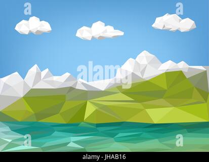 Illustration - Berg und See-low-Poly-Grafik - Urlaub Hintergrund-Landschaft Stockfoto