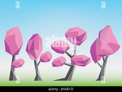 Kirschbaum Abbildung Set - low-Poly-Stil Stockfoto