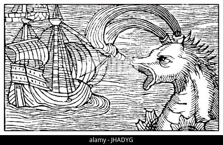 Mythische Sputtern Wal-Angriff auf mittelalterlichen Schiff XVI Jahrhundert Gravur Stockfoto