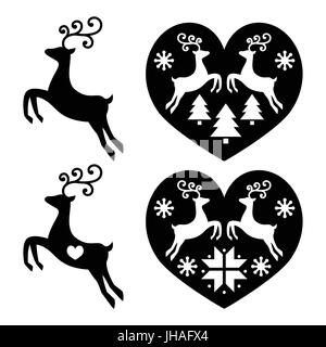 Rentier, Rehe springen, Weihnachten Icons Set Vector Icons Set Weihnachten Rentier isoliert Schwarz auf Weiß Stock Vektor