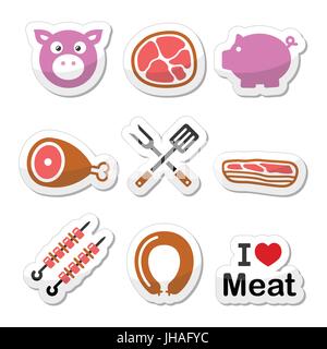 Schwein, Schwein Fleisch, Schinken und Speck labels Icons Set Bunte essen Vector Icons Set - Schwein isoliert auf weißem Stock Vektor