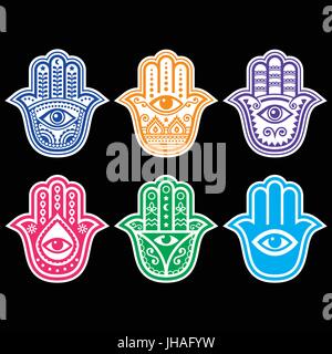 Hamsa Hand, Hand der Fatima - Amulett, das Symbol der Schutz von Teufel Auge auf schwarz Hamsa, Hand der Fatima - Symbol für Kraft und Glück isoliert Stock Vektor