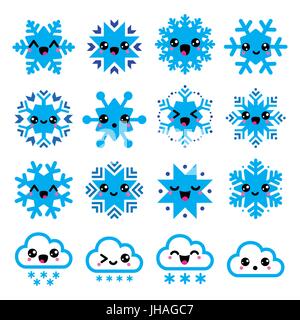 Kawaii Schneeflocken, Wolken mit Schnee, Weihnachten, Winter Icons Set Vector Icons Set von niedlich Kawaii Zeichen - Schneeflocken isoliert auf weißem Stock Vektor