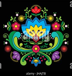 Norwegischer Volkskunst Bunad Muster - Rosemaling Stil Stickerei auf Schwarz Stock Vektor