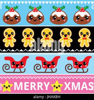 Weihnachten cute Kawaii Musterdesign mit fröhlichen Charaktere Weihnachten cute Kawaii Musterdesign mit glücklichen Zeichen Stock Vektor