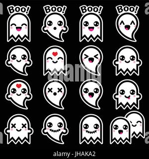 Kawaii niedlich Gespenst für Halloween Icons auf Schwarz gesetzt Stock Vektor