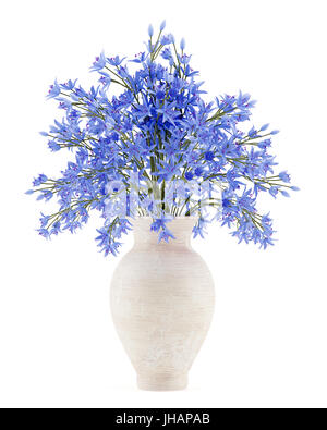 blaue Blumen in Keramikvase isoliert auf weißem Hintergrund. 3D illustration Stockfoto